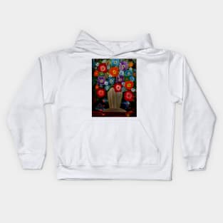 Some abstract carnations and mixed flowers in a  gold vase Kids Hoodie